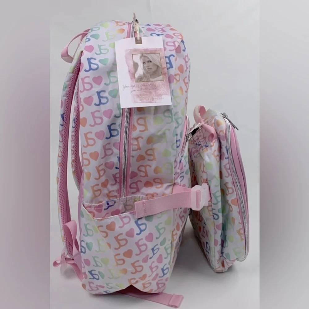 Jessica Simpson Pink Pastel Logo Full Size Backpack and Lunch Bag Set- NWT